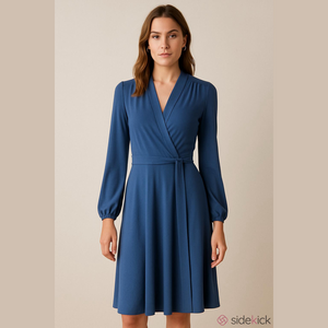 Sandra Angelozzi blue long sleeve jersey knit faux wrap dress size medium